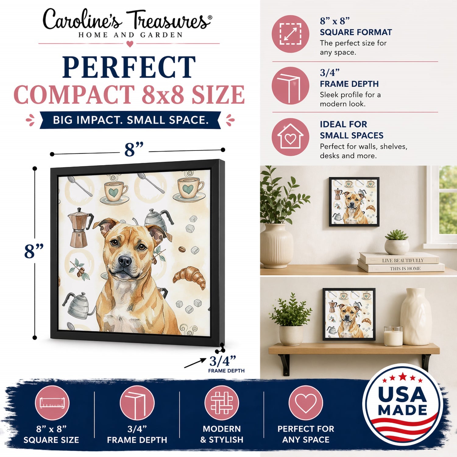 Fawn Staffordshire Bull Terrier Coffee Bar Framed Metal Print Bathroom, Kitchen, Office, Home Decor Wall Art Ready to Hang, Square, 8X8