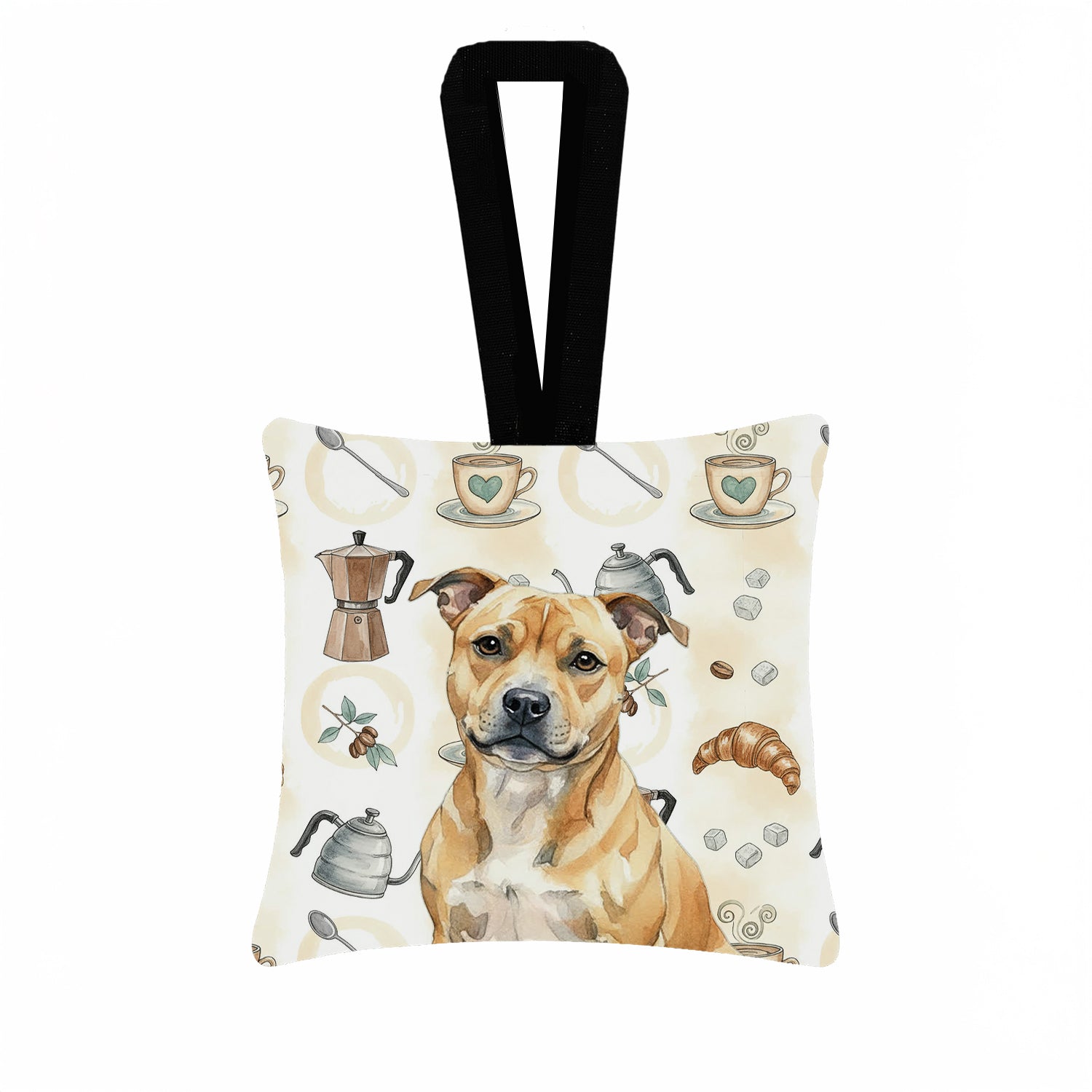 Fawn Staffordshire Bull Terrier Coffee Bar Hanging Square Fabric Ornament 3.5 � 3.5 Decorative Door-Knob & Tree Hanger, Soft Fabric