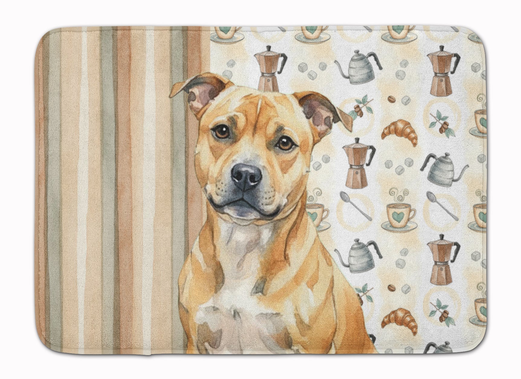 Fawn Staffordshire Bull Terrier Coffee Bar Memory Foam Kitchen Mat Machine Washable Anti-Fatigue Cushion Comfort Bath or Kitchen Rug