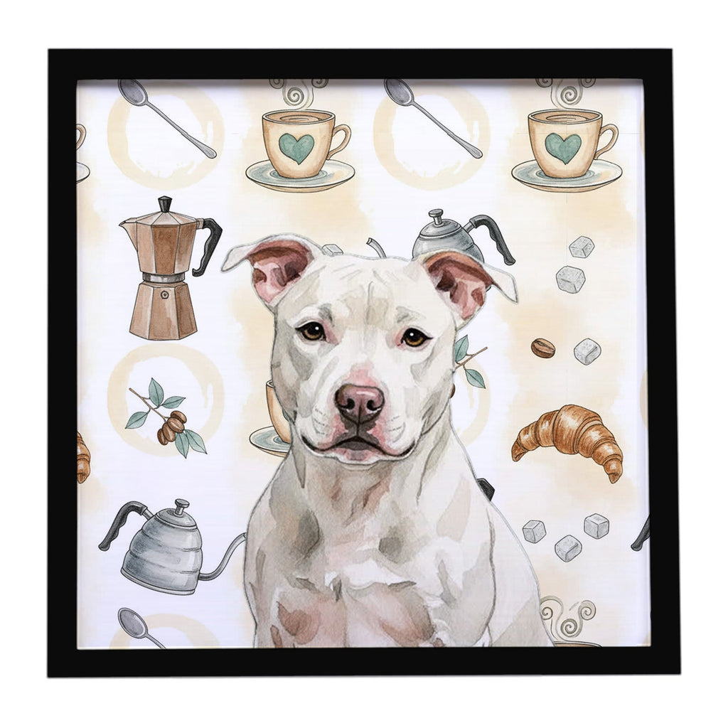 White Staffordshire Bull Terrier Coffee Bar Framed Metal Print Bathroom, Kitchen, Office, Home Decor Wall Art Ready to Hang, Square, 8X8