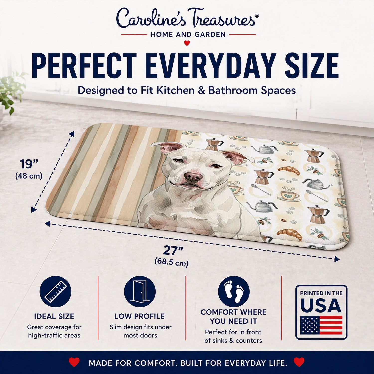 White Staffordshire Bull Terrier Coffee Bar Memory Foam Kitchen Mat Machine Washable Anti-Fatigue Cushion Comfort Bath or Kitchen Rug