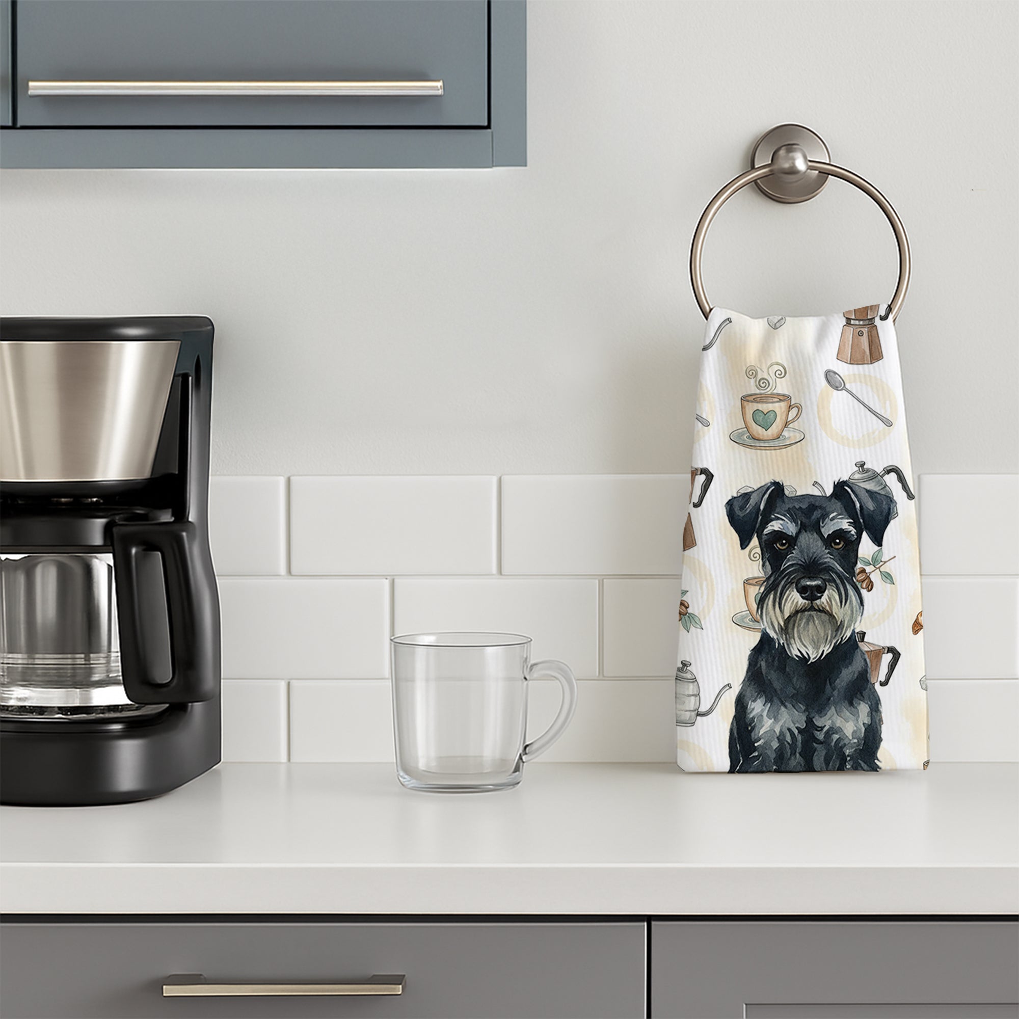 Standard Schnauzer Coffee Bar Kitchen Towel Velour Plush Front and Cotton Loop Back Machine Washable