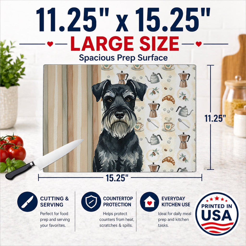 Standard Schnauzer Coffee Bar Cutting Board Tempered Glass Kitchen Cutting Surface, Heat Resistant Chopping, Non-Slip Feet, Food Prep & Serving