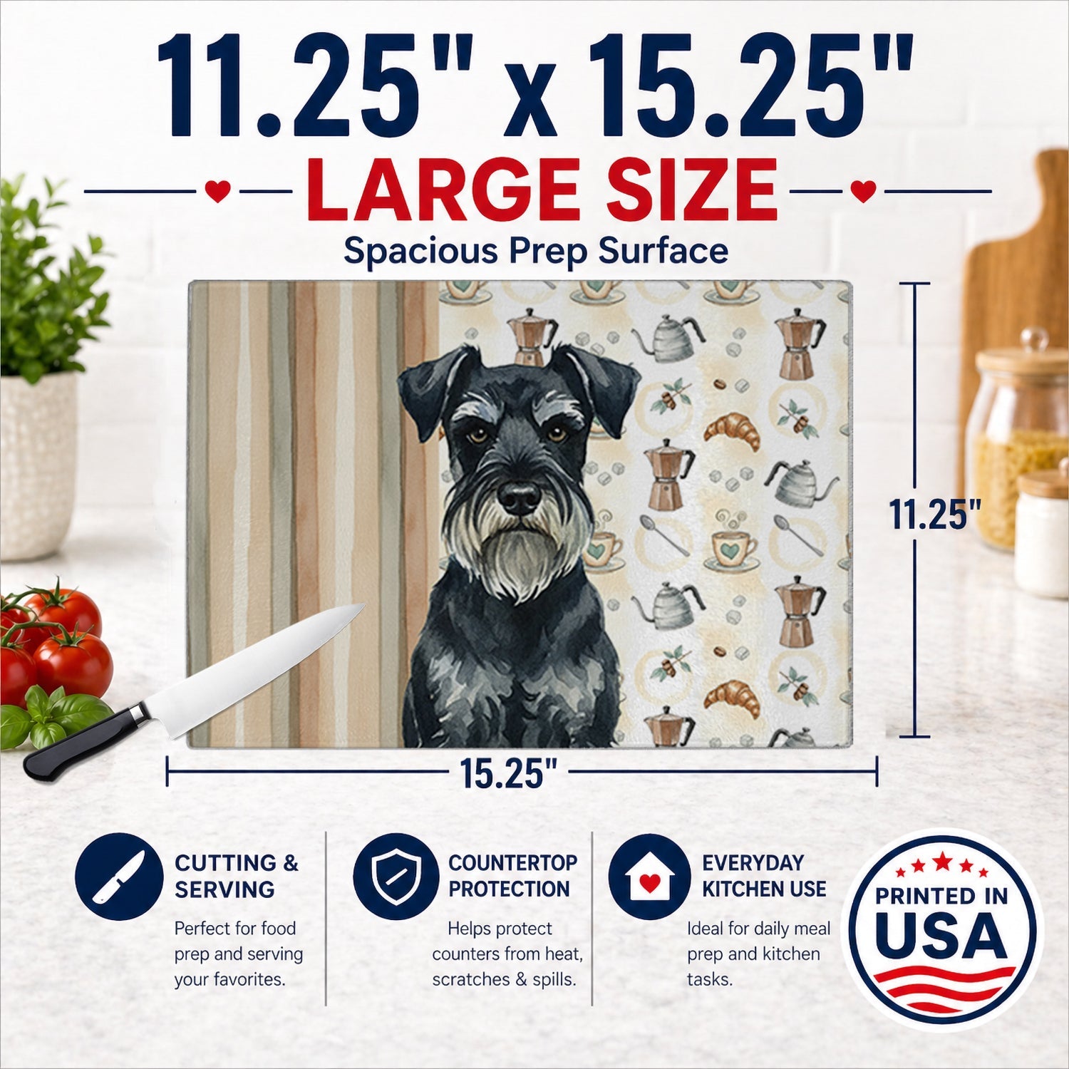 Standard Schnauzer Coffee Bar Cutting Board Tempered Glass Kitchen Cutting Surface, Heat Resistant Chopping, Non-Slip Feet, Food Prep & Serving