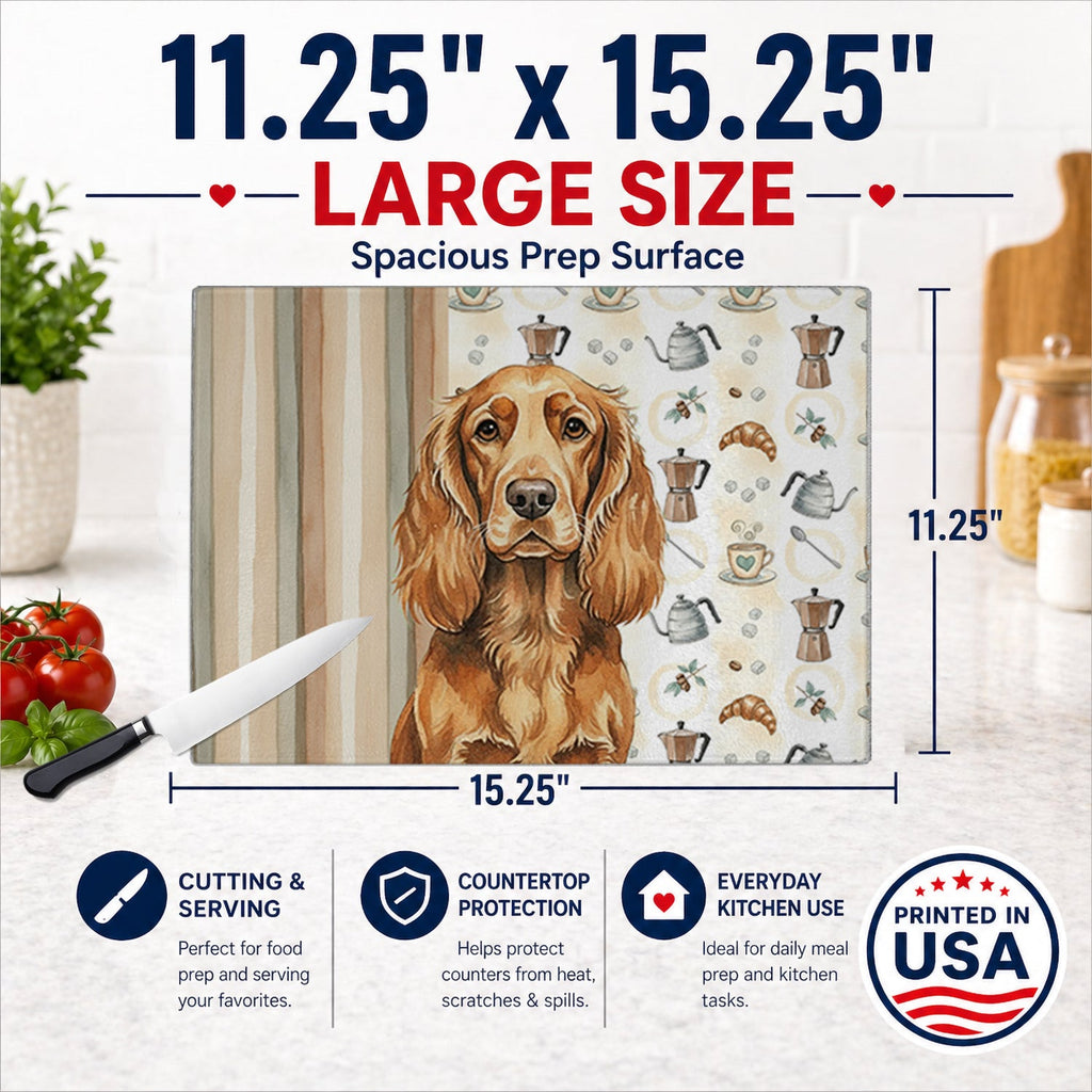 Sussex Spaniel Coffee Bar Cutting Board Tempered Glass Kitchen Cutting Surface, Heat Resistant Chopping, Non-Slip Feet, Food Prep & Serving