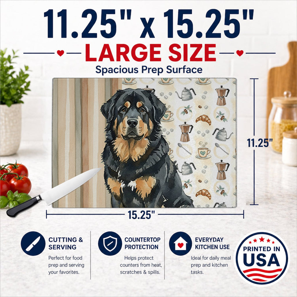 Black and Tan Tibetan Mastiff Coffee Bar Cutting Board Tempered Glass Kitchen Cutting Surface, Heat Resistant Chopping, Non-Slip Feet, Food Prep & Serving