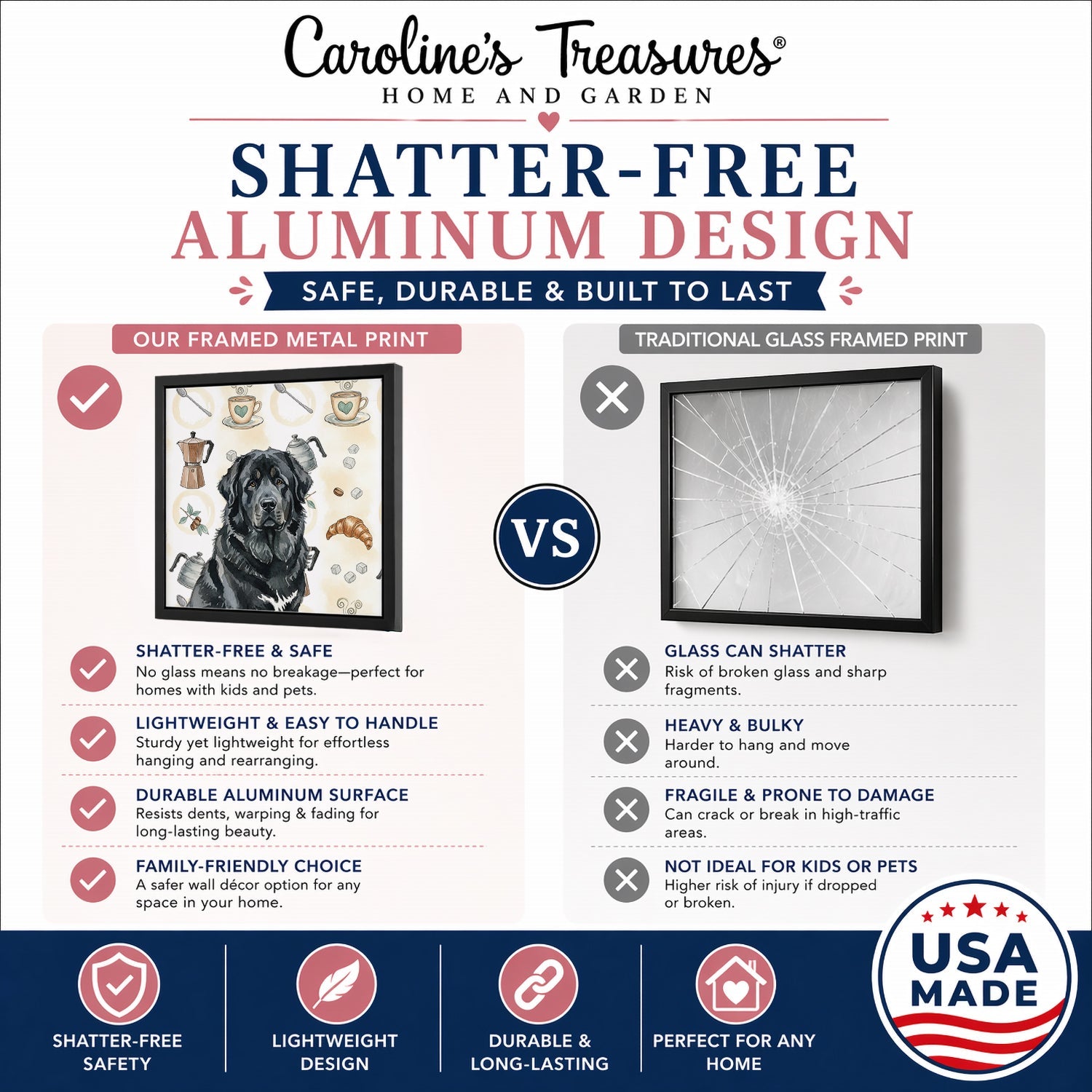 Black Tibetan Mastiff Coffee Bar Framed Metal Print Bathroom, Kitchen, Office, Home Decor Wall Art Ready to Hang, Square, 8X8