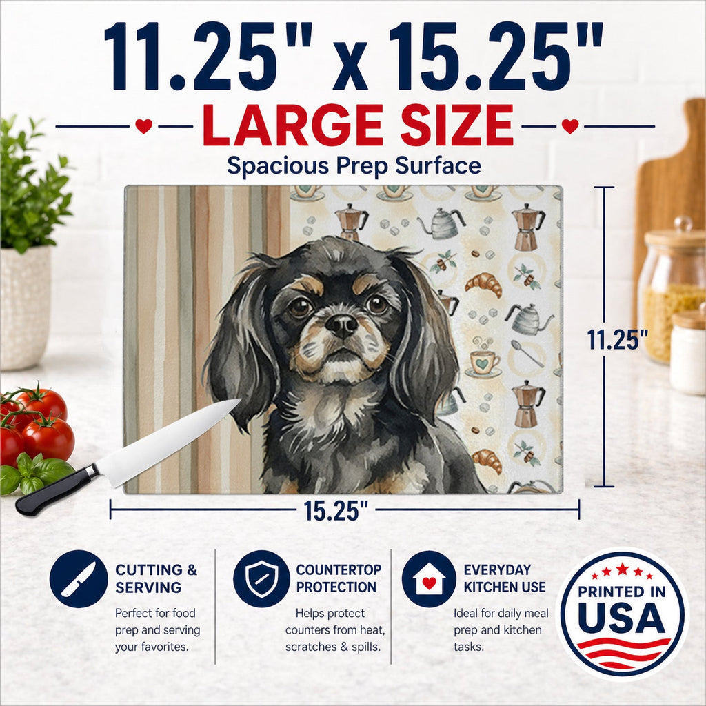 Black and Tan Tibetan Spaniel Coffee Bar Cutting Board Tempered Glass Kitchen Cutting Surface, Heat Resistant Chopping, Non-Slip Feet, Food Prep & Serving