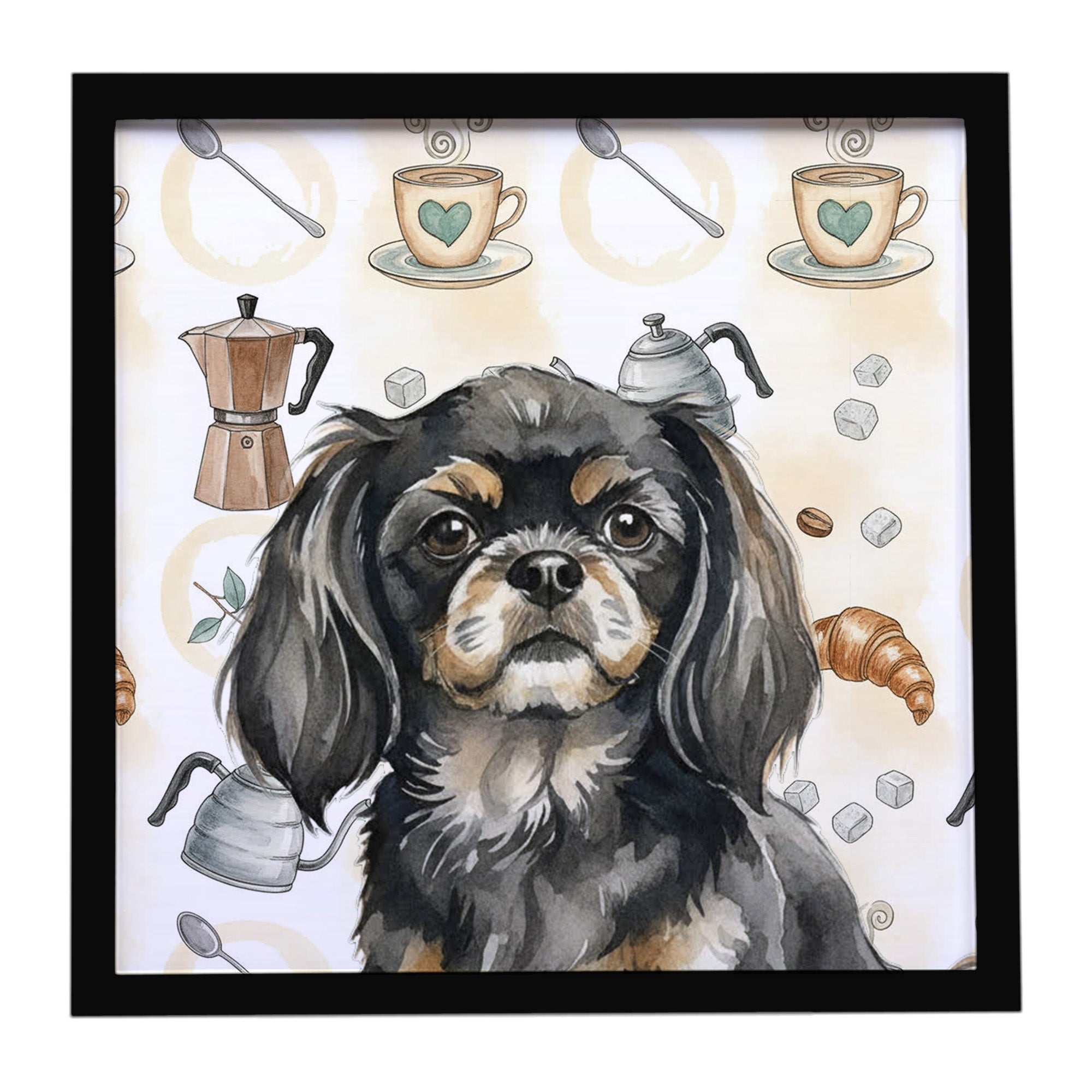 Black and Tan Tibetan Spaniel Coffee Bar Framed Metal Print Bathroom, Kitchen, Office, Home Decor Wall Art Ready to Hang, Square, 8X8