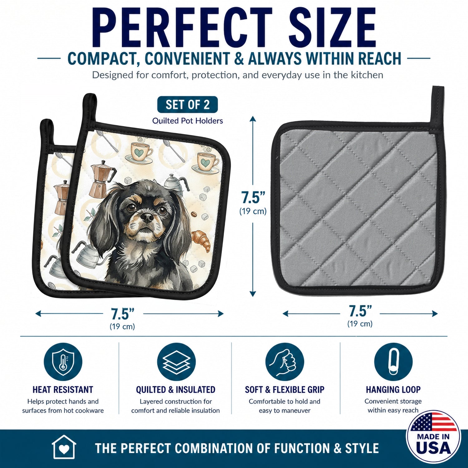 Black and Tan Tibetan Spaniel Coffee Bar Pot Holder Set of 2 Heat Resistant Quilted Hot Pads 7.5 x 7.5 Inch, Insulated Kitchen Trivets for Cooking & Baking