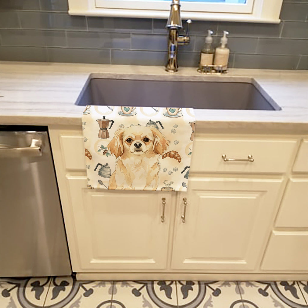 Cream Tibetan Spaniel Coffee Bar Kitchen Towel Velour Plush Front and Cotton Loop Back Machine Washable