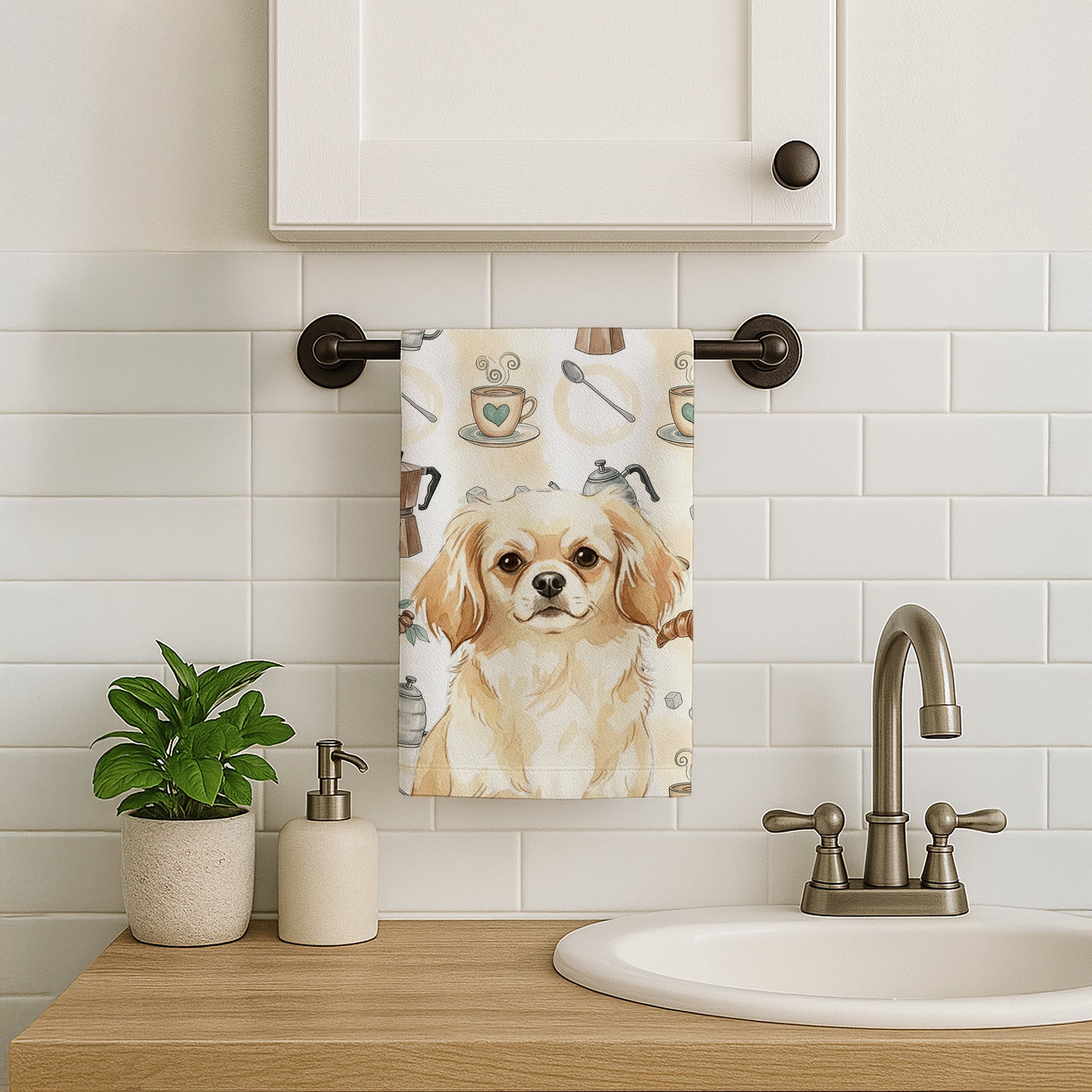Cream Tibetan Spaniel Coffee Bar Kitchen Towel Velour Plush Front and Cotton Loop Back Machine Washable