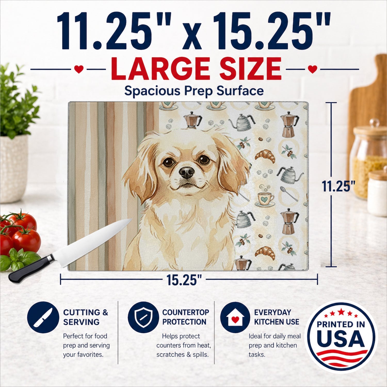 Cream Tibetan Spaniel Coffee Bar Cutting Board Tempered Glass Kitchen Cutting Surface, Heat Resistant Chopping, Non-Slip Feet, Food Prep & Serving