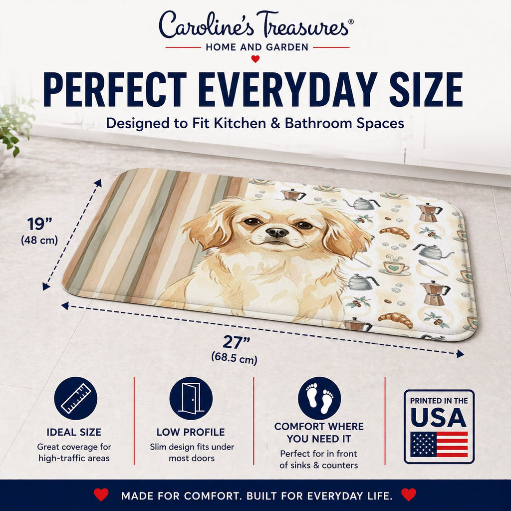 Cream Tibetan Spaniel Coffee Bar Memory Foam Kitchen Mat Machine Washable Anti-Fatigue Cushion Comfort Bath or Kitchen Rug