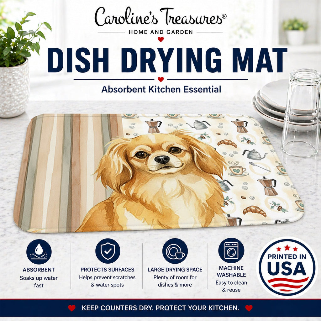 Gold Tibetan Spaniel Coffee Bar Dish Drying Mat Absorbent Dish Drying Mat Pad for Kitchen Counter Dish Drainer Mat for Countertop, 14 x 21", Multicolor