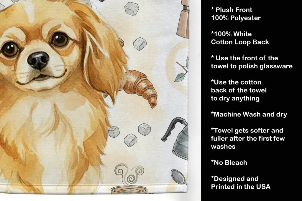 Gold Tibetan Spaniel Coffee Bar Kitchen Towel Velour Plush Front and Cotton Loop Back Machine Washable