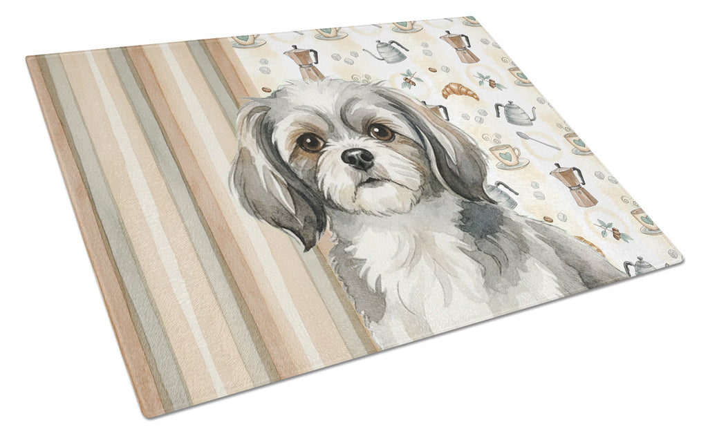Grey and White Tibetan Spaniel Coffee Bar Cutting Board Tempered Glass Kitchen Cutting Surface, Heat Resistant Chopping, Non-Slip Feet, Food Prep & Serving