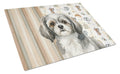Grey and White Tibetan Spaniel Coffee Bar Cutting Board Tempered Glass Kitchen Cutting Surface, Heat Resistant Chopping, Non-Slip Feet, Food Prep & Serving