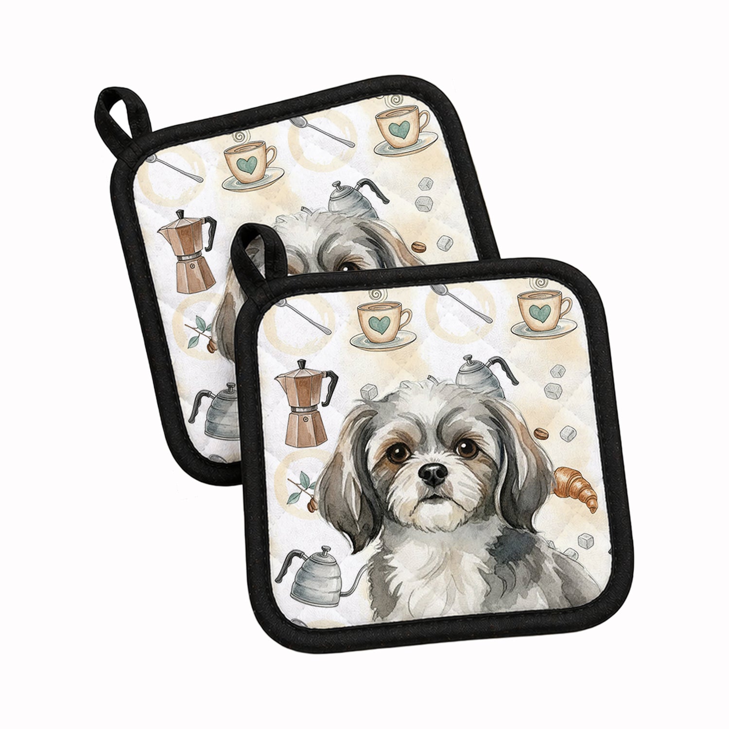 Grey and White Tibetan Spaniel Coffee Bar Pot Holder Set of 2 Heat Resistant Quilted Hot Pads 7.5 x 7.5 Inch, Insulated Kitchen Trivets for Cooking & Baking