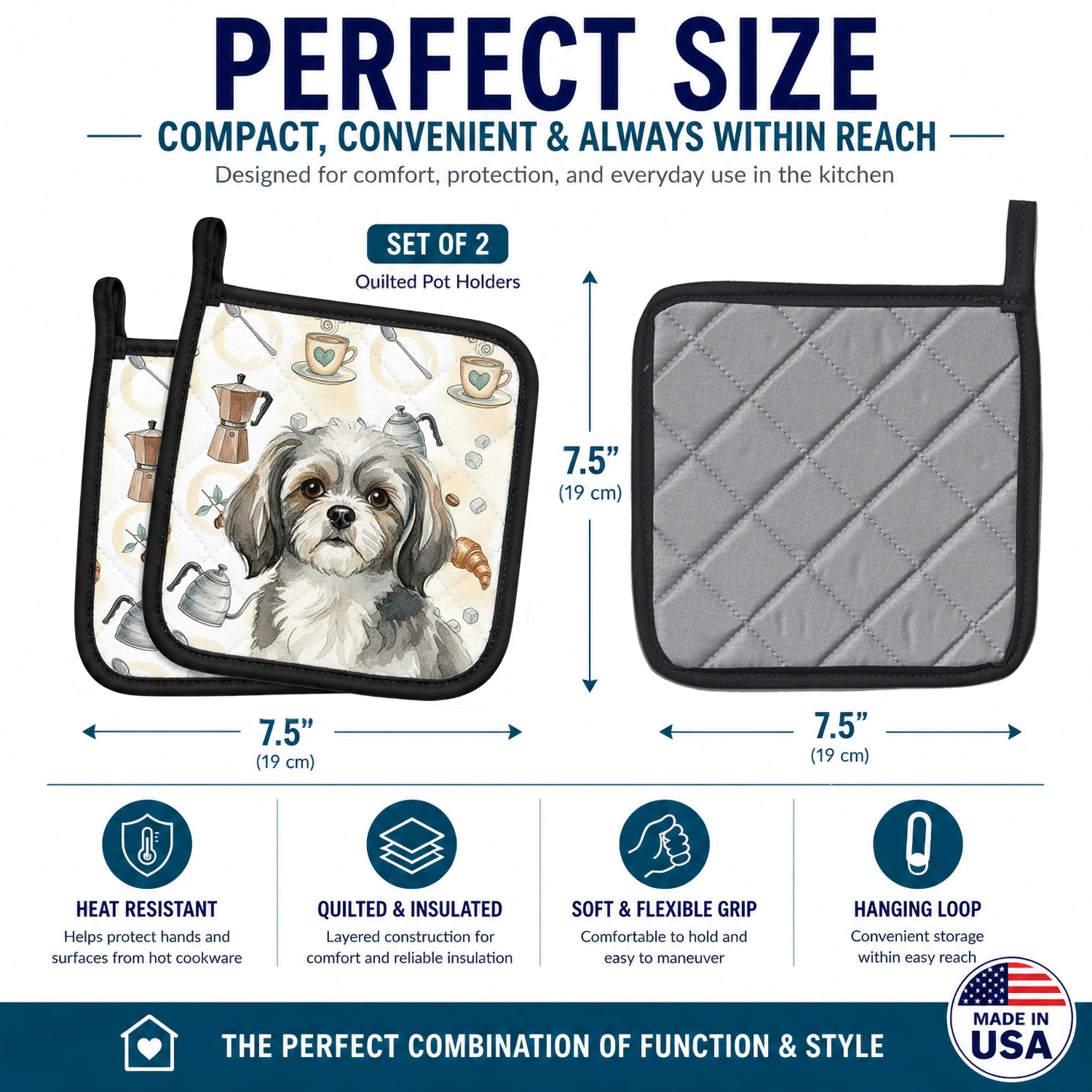 Grey and White Tibetan Spaniel Coffee Bar Pot Holder Set of 2 Heat Resistant Quilted Hot Pads 7.5 x 7.5 Inch, Insulated Kitchen Trivets for Cooking & Baking