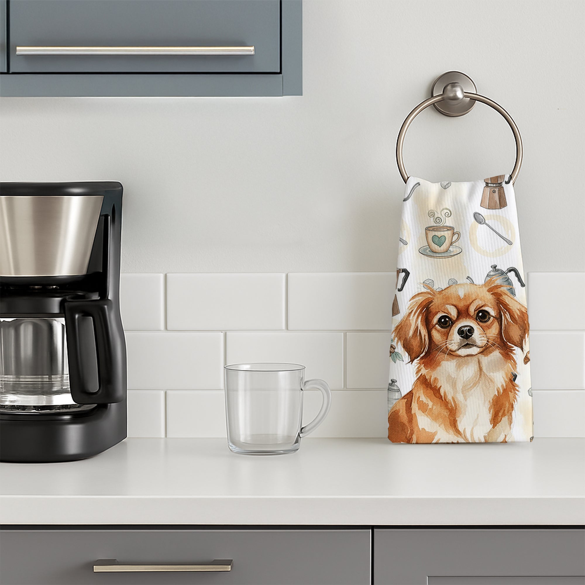 Red Tibetan Spaniel Coffee Bar Kitchen Towel Velour Plush Front and Cotton Loop Back Machine Washable