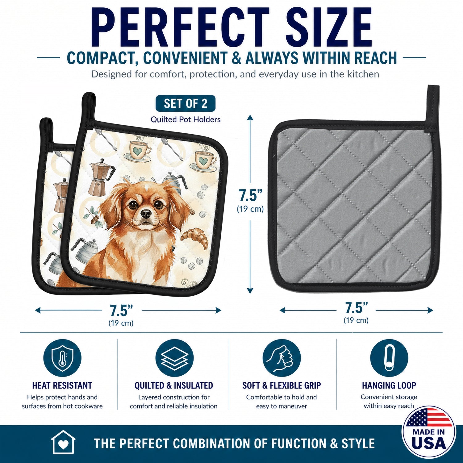 Red Tibetan Spaniel Coffee Bar Pot Holder Set of 2 Heat Resistant Quilted Hot Pads 7.5 x 7.5 Inch, Insulated Kitchen Trivets for Cooking & Baking