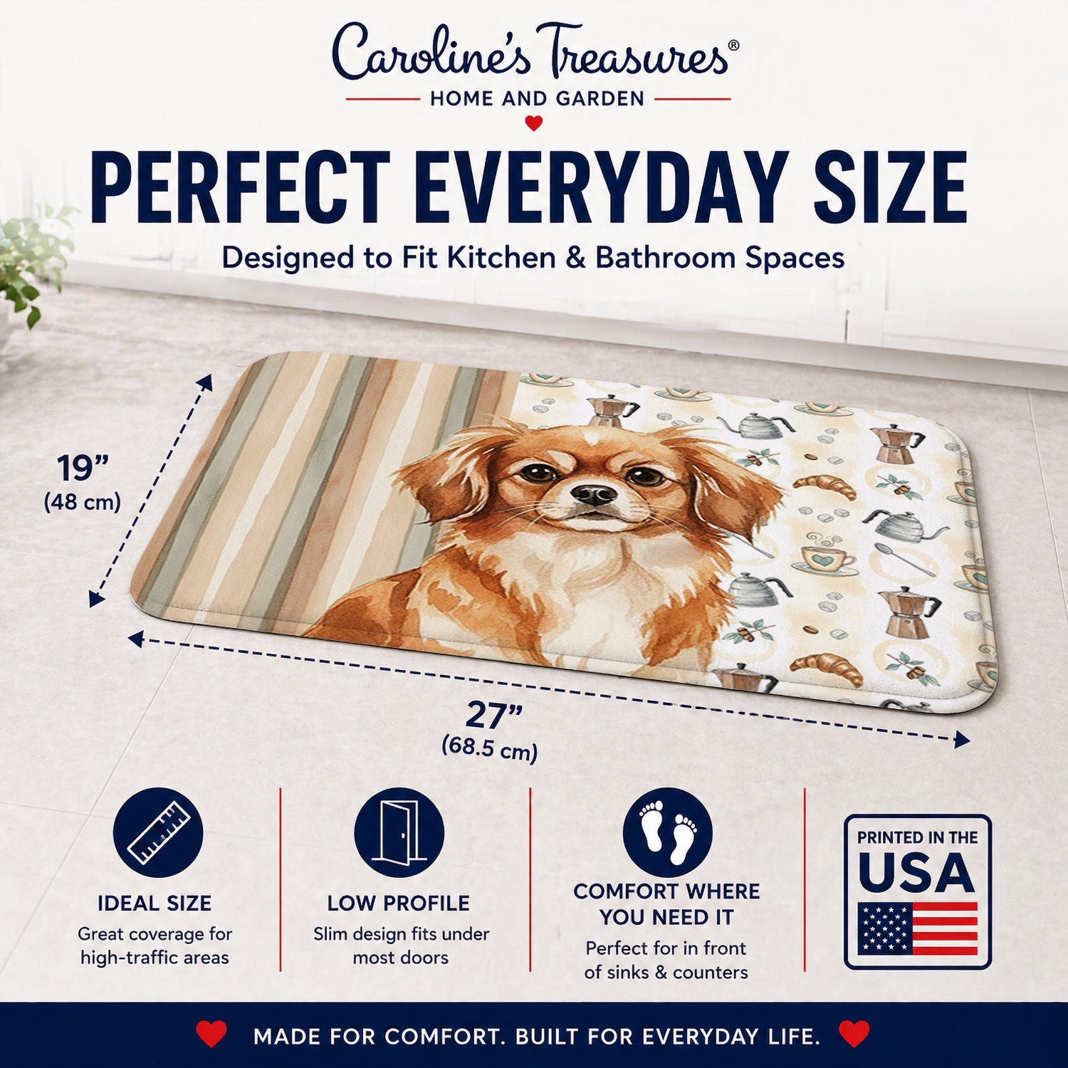 Red Tibetan Spaniel Coffee Bar Memory Foam Kitchen Mat Machine Washable Anti-Fatigue Cushion Comfort Bath or Kitchen Rug