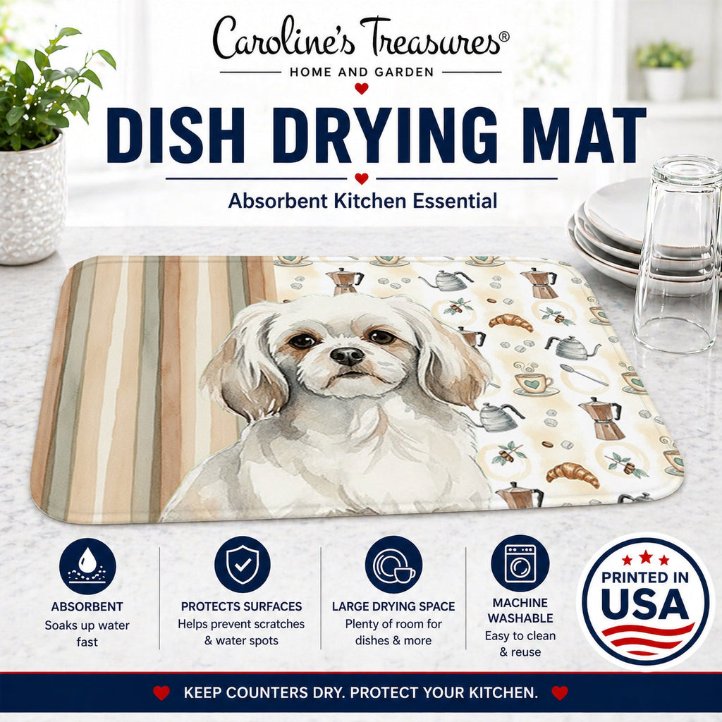 White Tibetan Spaniel Coffee Bar Dish Drying Mat Absorbent Dish Drying Mat Pad for Kitchen Counter Dish Drainer Mat for Countertop, 14 x 21", Multicolor