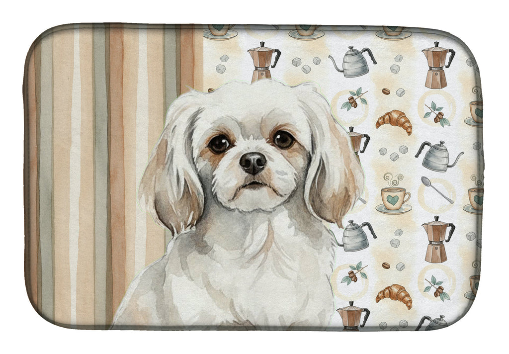 White Tibetan Spaniel Coffee Bar Dish Drying Mat Absorbent Dish Drying Mat Pad for Kitchen Counter Dish Drainer Mat for Countertop, 14 x 21", Multicolor