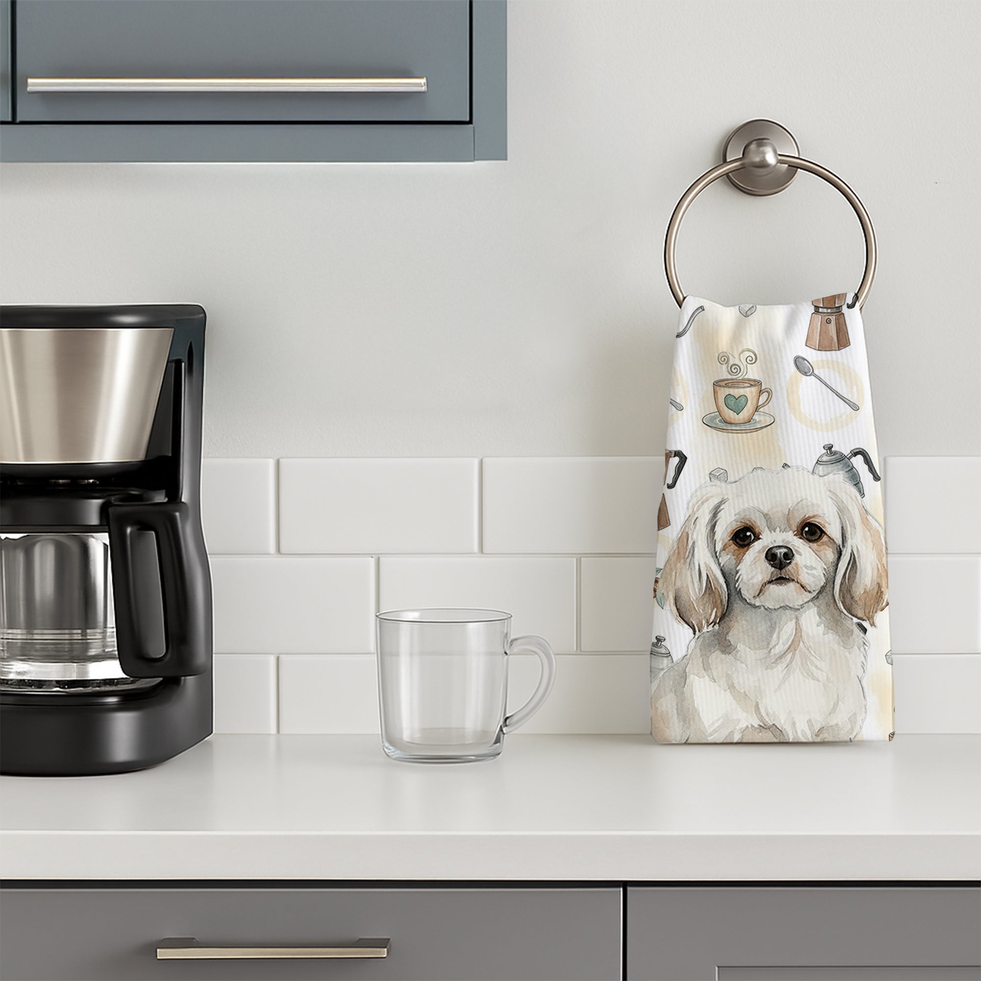 White Tibetan Spaniel Coffee Bar Kitchen Towel Velour Plush Front and Cotton Loop Back Machine Washable