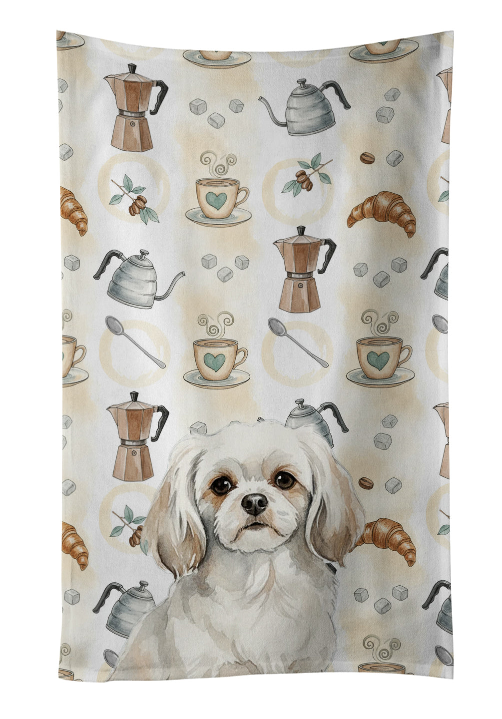 White Tibetan Spaniel Coffee Bar Kitchen Towel Velour Plush Front and Cotton Loop Back Machine Washable
