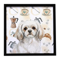 White Tibetan Spaniel Coffee Bar Framed Metal Print Bathroom, Kitchen, Office, Home Decor Wall Art Ready to Hang, Square, 8X8