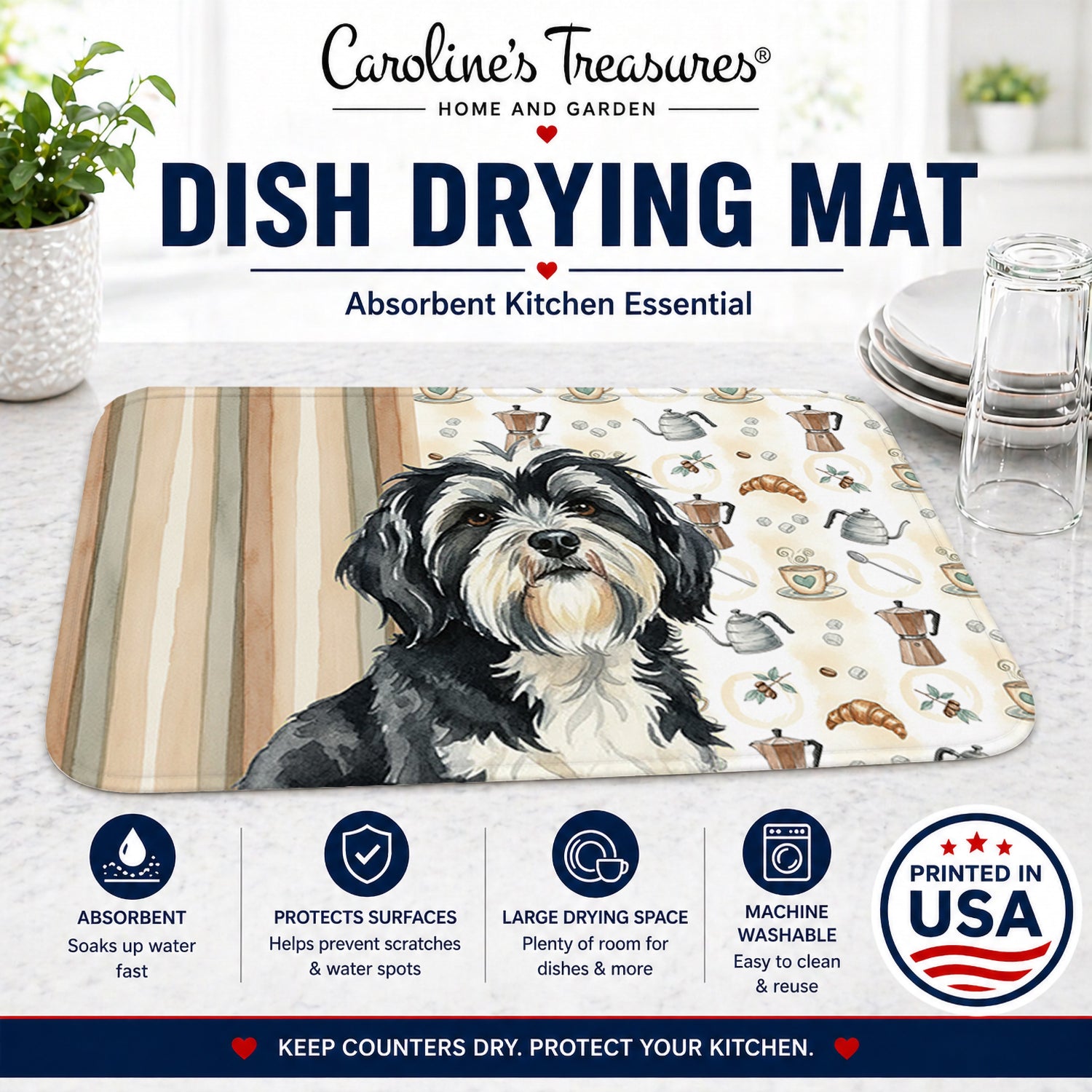 Black and White Tibetan Terrier Coffee Bar Dish Drying Mat Absorbent Dish Drying Mat Pad for Kitchen Counter Dish Drainer Mat for Countertop, 14 x 21", Multicolor