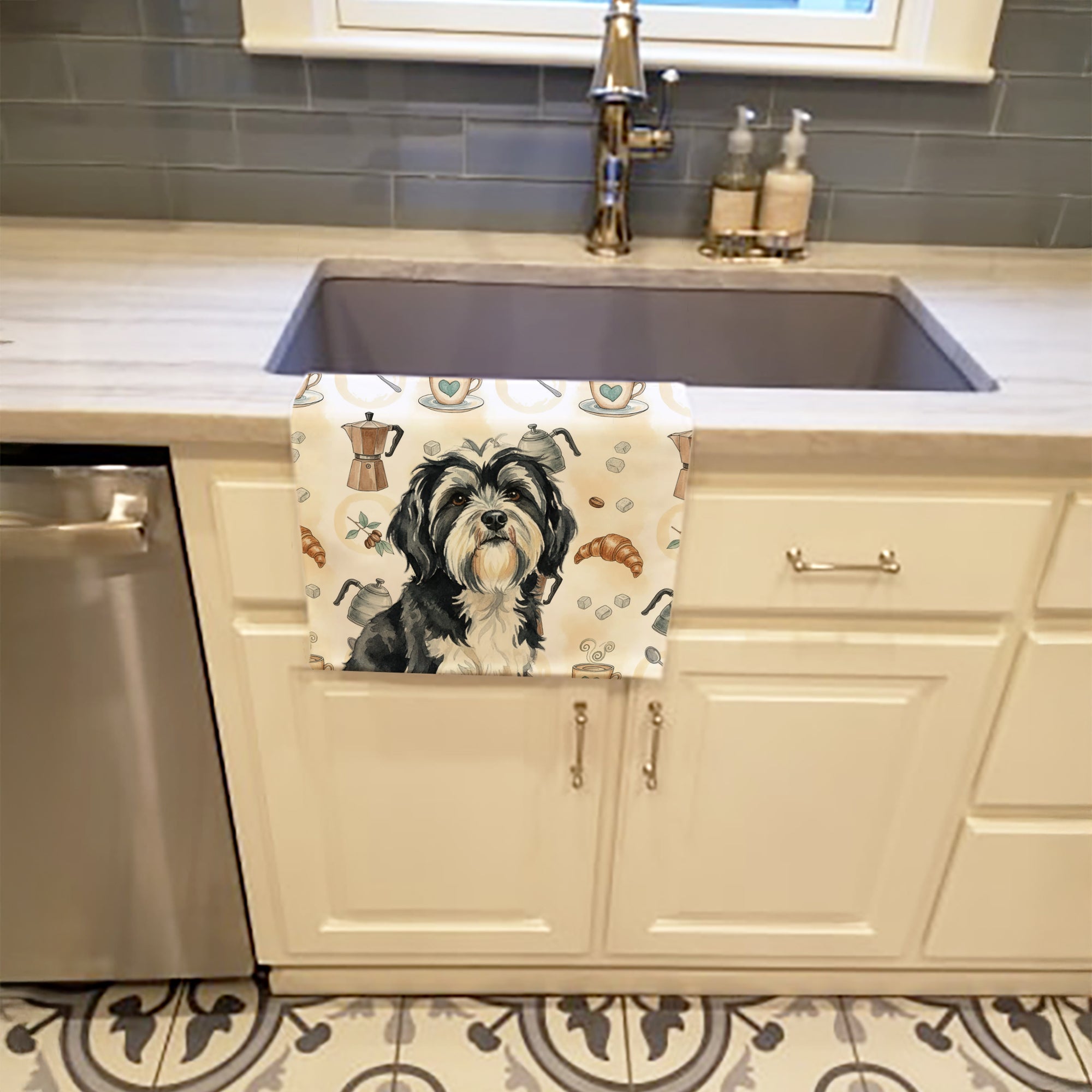 Black and White Tibetan Terrier Coffee Bar Kitchen Towel Velour Plush Front and Cotton Loop Back Machine Washable