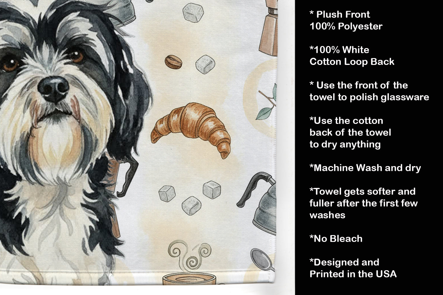 Black and White Tibetan Terrier Coffee Bar Kitchen Towel Velour Plush Front and Cotton Loop Back Machine Washable