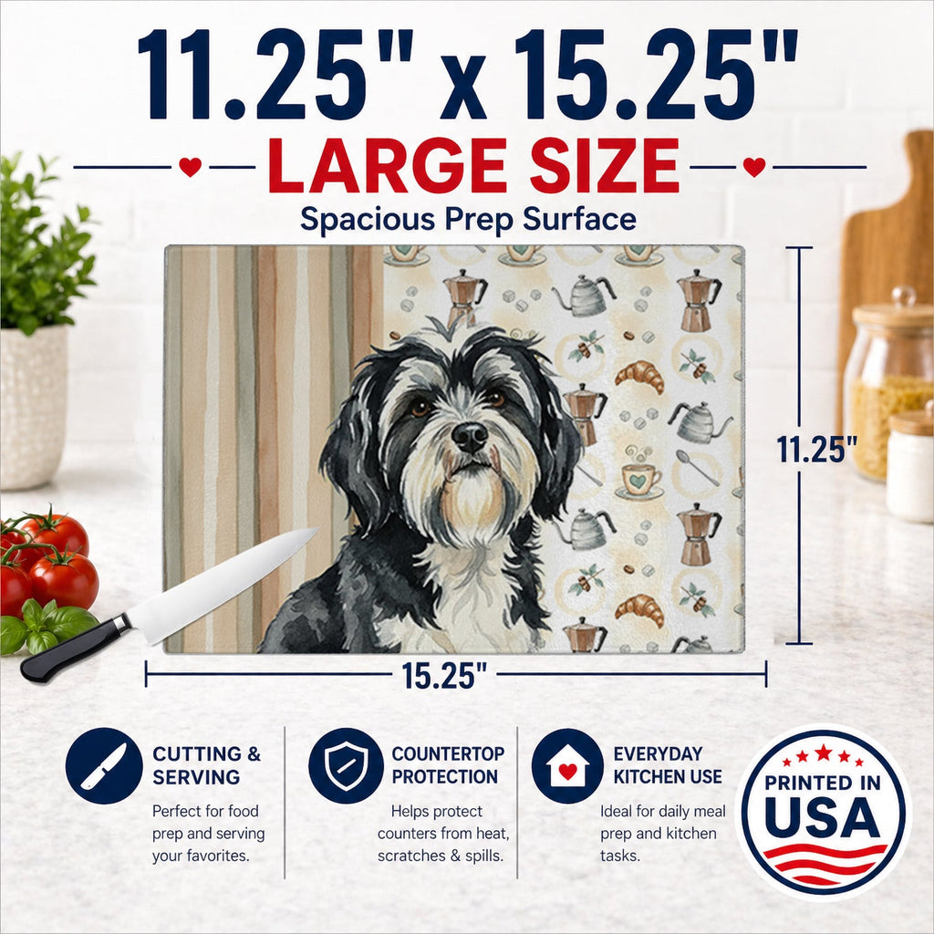 Black and White Tibetan Terrier Coffee Bar Cutting Board Tempered Glass Kitchen Cutting Surface, Heat Resistant Chopping, Non-Slip Feet, Food Prep & Serving
