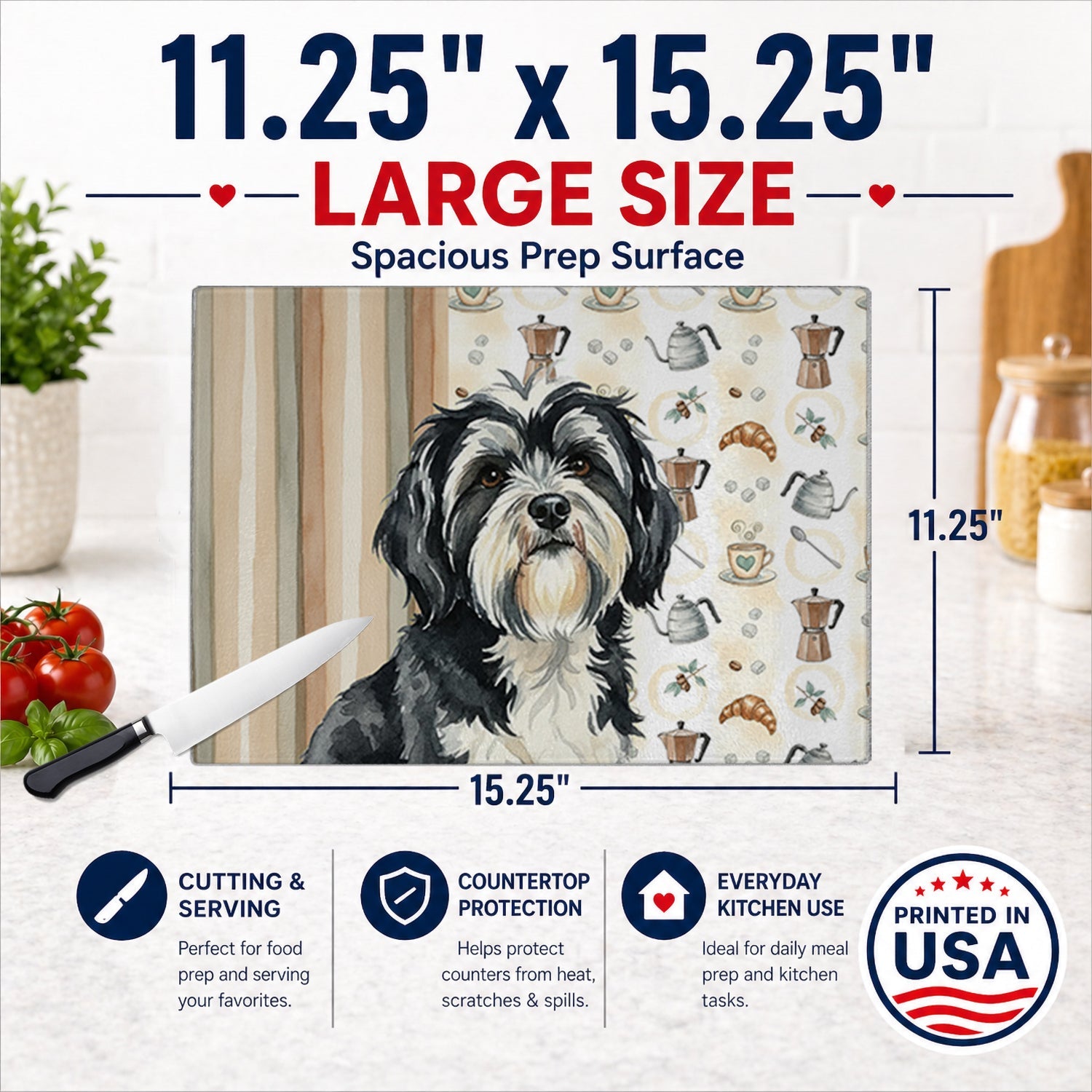 Black and White Tibetan Terrier Coffee Bar Cutting Board Tempered Glass Kitchen Cutting Surface, Heat Resistant Chopping, Non-Slip Feet, Food Prep & Serving