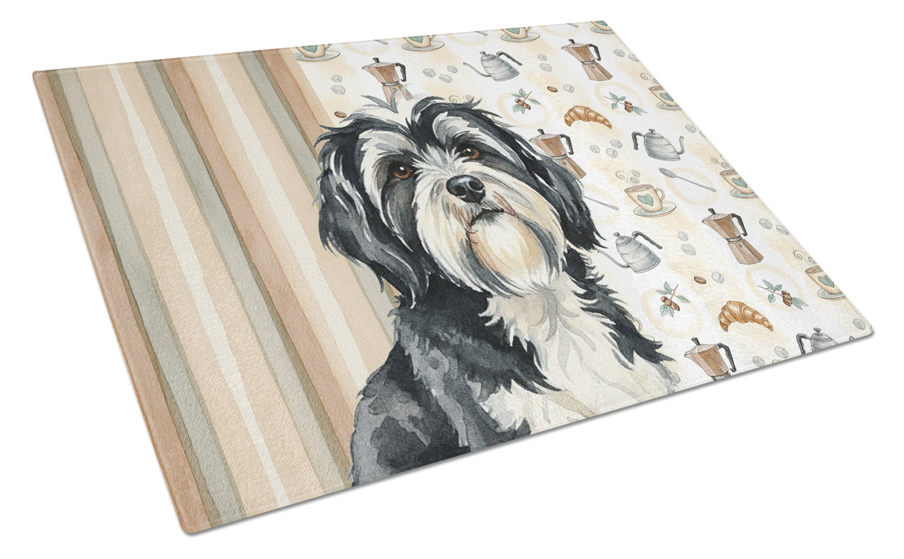 Black and White Tibetan Terrier Coffee Bar Cutting Board Tempered Glass Kitchen Cutting Surface, Heat Resistant Chopping, Non-Slip Feet, Food Prep & Serving
