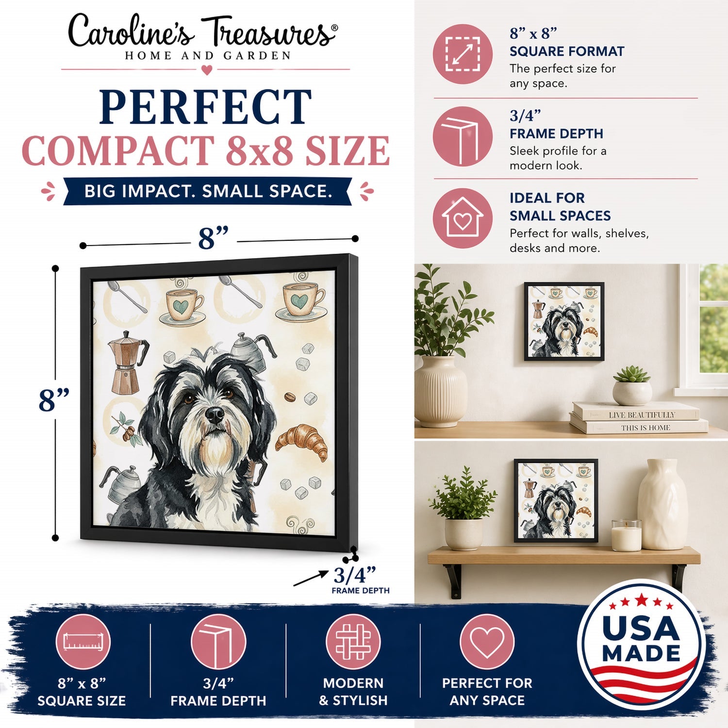 Black and White Tibetan Terrier Coffee Bar Framed Metal Print Bathroom, Kitchen, Office, Home Decor Wall Art Ready to Hang, Square, 8X8