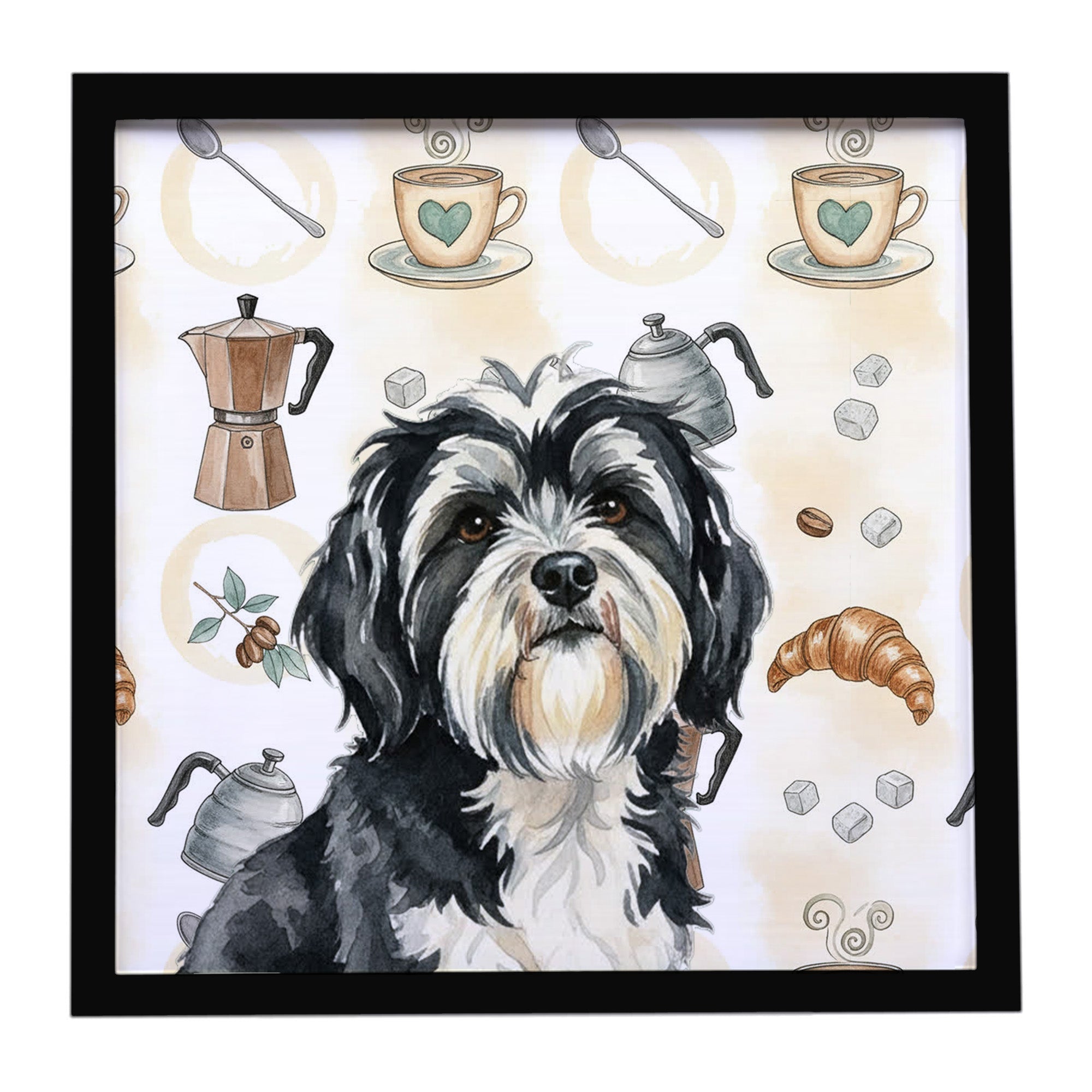 Black and White Tibetan Terrier Coffee Bar Framed Metal Print Bathroom, Kitchen, Office, Home Decor Wall Art Ready to Hang, Square, 8X8