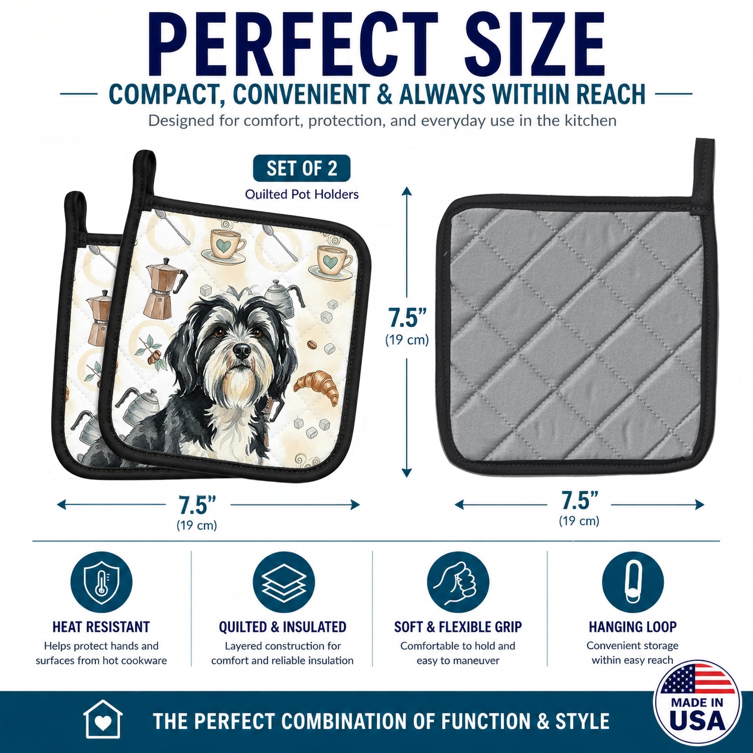 Black and White Tibetan Terrier Coffee Bar Pot Holder Set of 2 Heat Resistant Quilted Hot Pads 7.5 x 7.5 Inch, Insulated Kitchen Trivets for Cooking & Baking
