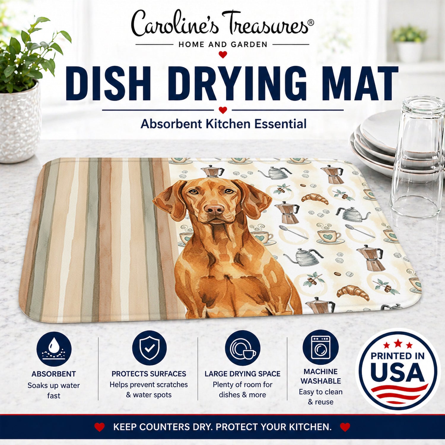 Vizsla Coffee Bar Dish Drying Mat Absorbent Dish Drying Mat Pad for Kitchen Counter Dish Drainer Mat for Countertop, 14 x 21", Multicolor