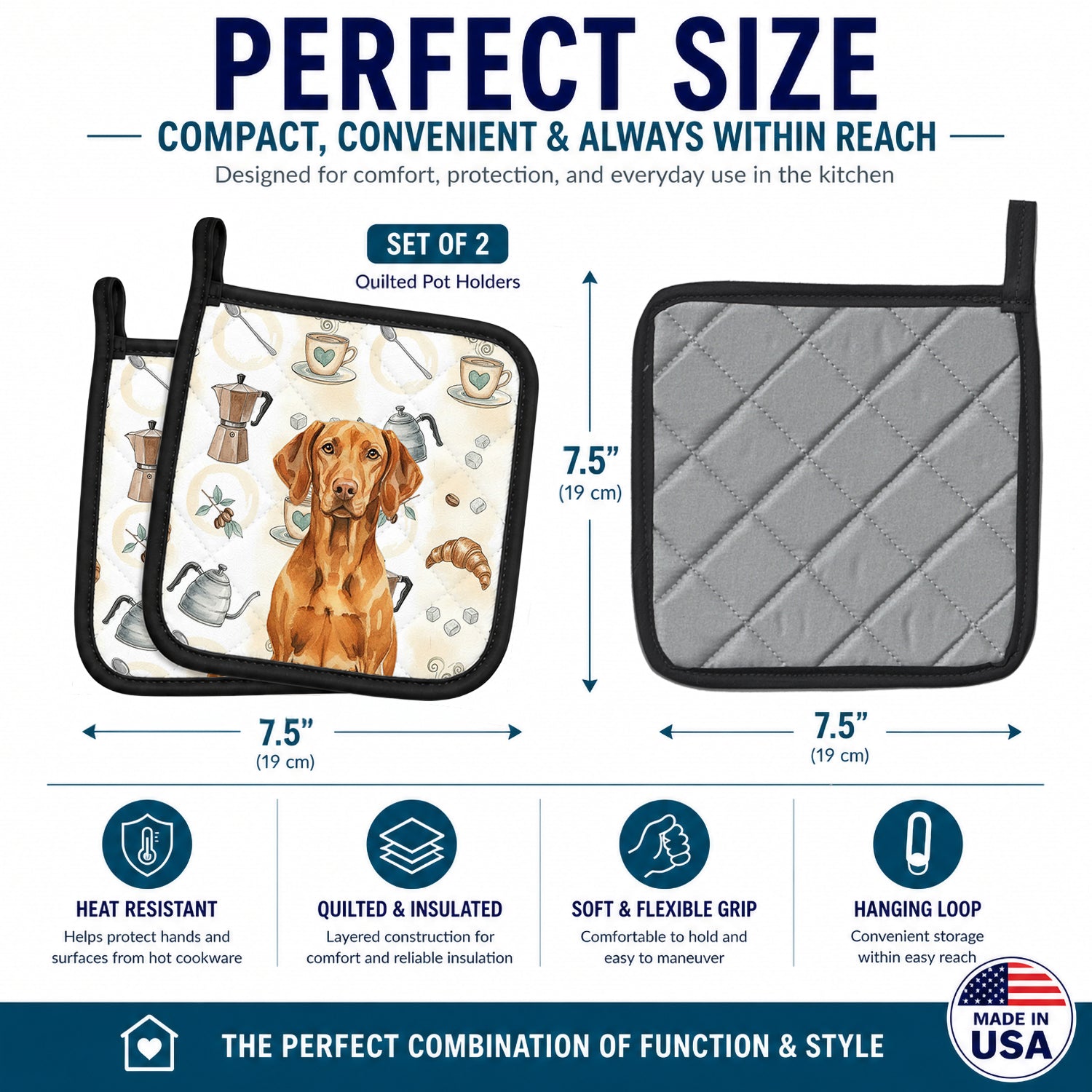 Vizsla Coffee Bar Pot Holder Set of 2 Heat Resistant Quilted Hot Pads 7.5 x 7.5 Inch, Insulated Kitchen Trivets for Cooking & Baking