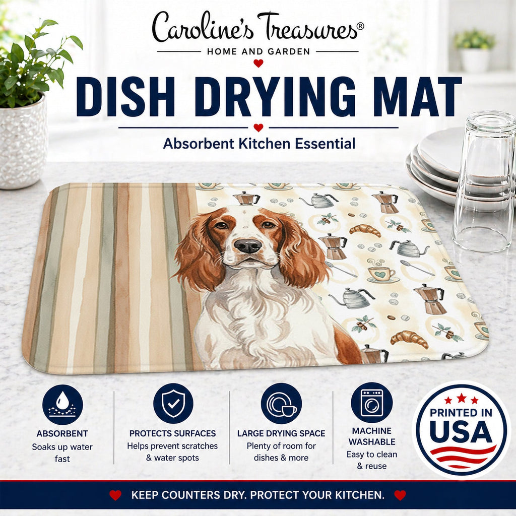 Welsh Springer Spaniel Coffee Bar Dish Drying Mat Absorbent Dish Drying Mat Pad for Kitchen Counter Dish Drainer Mat for Countertop, 14 x 21", Multicolor