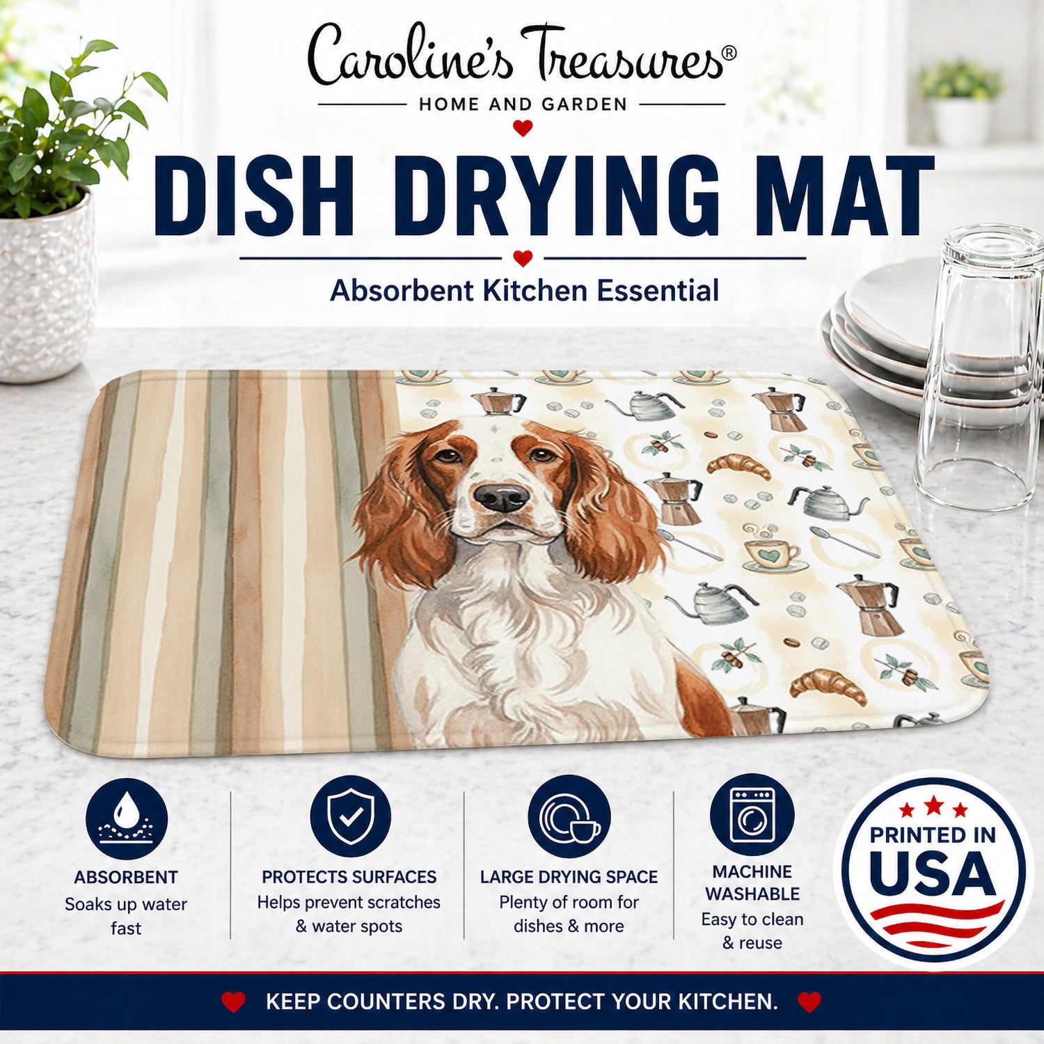 Welsh Springer Spaniel Coffee Bar Dish Drying Mat Absorbent Dish Drying Mat Pad for Kitchen Counter Dish Drainer Mat for Countertop, 14 x 21", Multicolor