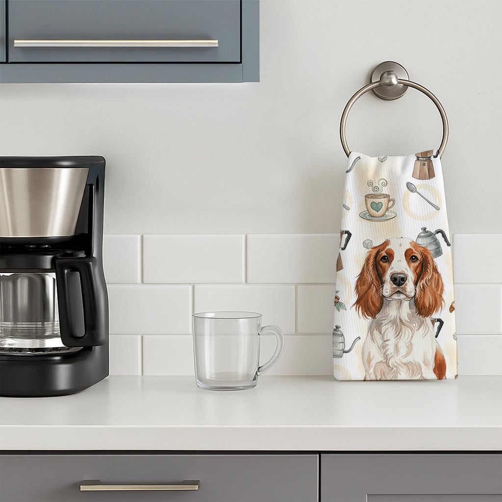 Welsh Springer Spaniel Coffee Bar Kitchen Towel Velour Plush Front and Cotton Loop Back Machine Washable