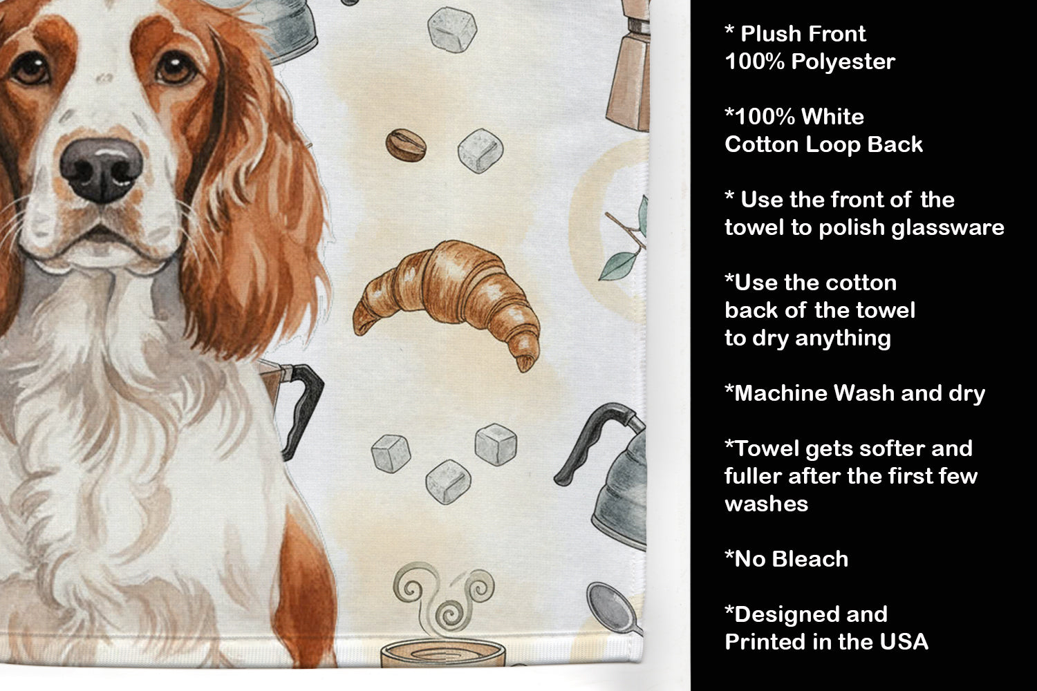 Welsh Springer Spaniel Coffee Bar Kitchen Towel Velour Plush Front and Cotton Loop Back Machine Washable