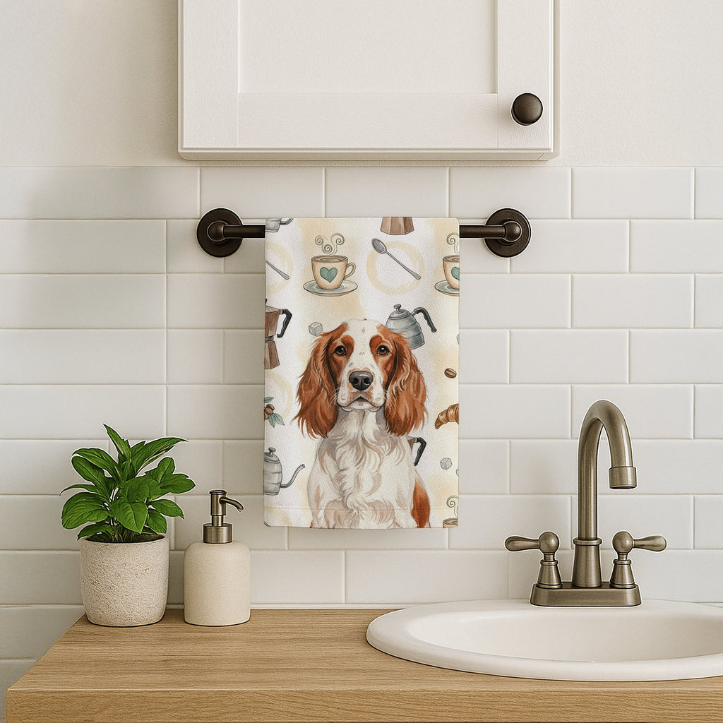 Welsh Springer Spaniel Coffee Bar Kitchen Towel Velour Plush Front and Cotton Loop Back Machine Washable