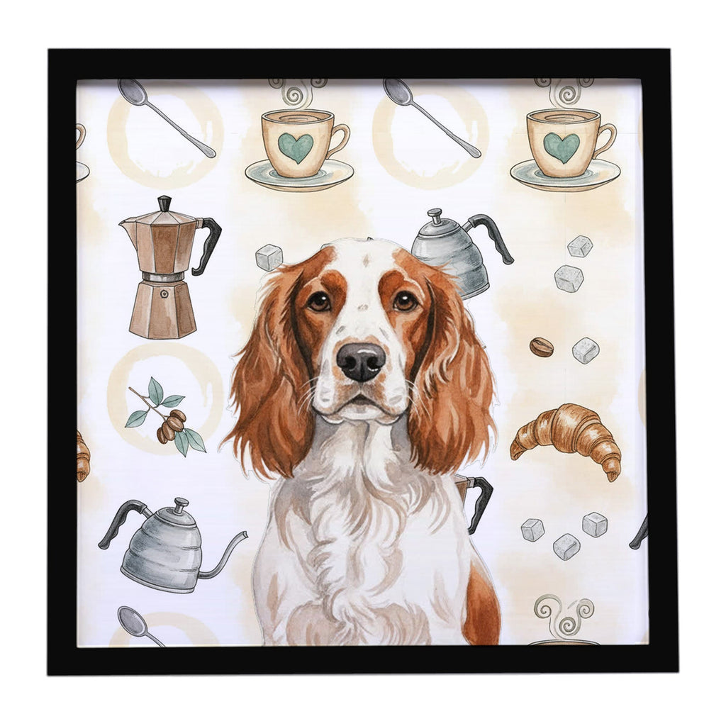 Welsh Springer Spaniel Coffee Bar Framed Metal Print Bathroom, Kitchen, Office, Home Decor Wall Art Ready to Hang, Square, 8X8