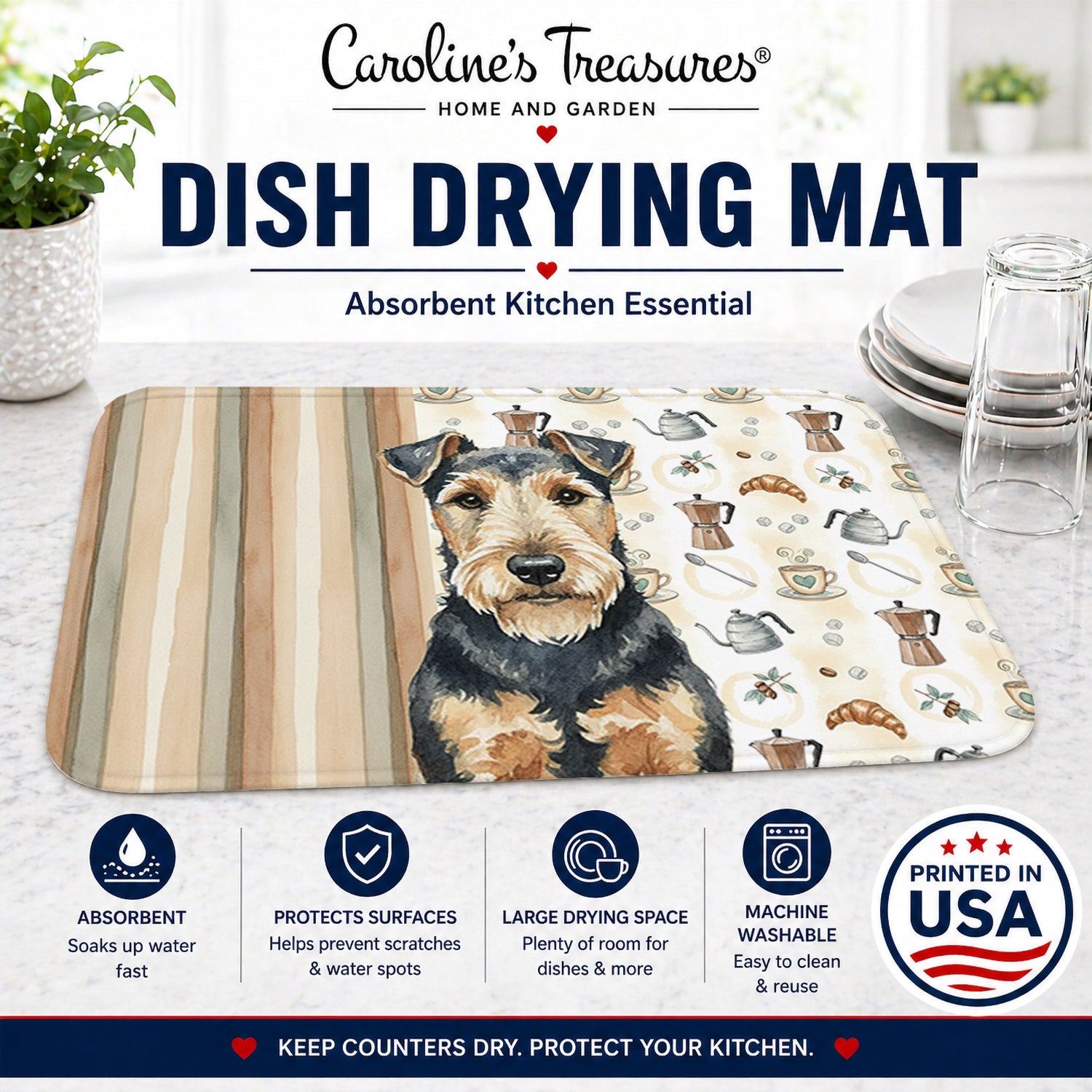Welsh Terrier Coffee Bar Dish Drying Mat Absorbent Dish Drying Mat Pad for Kitchen Counter Dish Drainer Mat for Countertop, 14 x 21", Multicolor